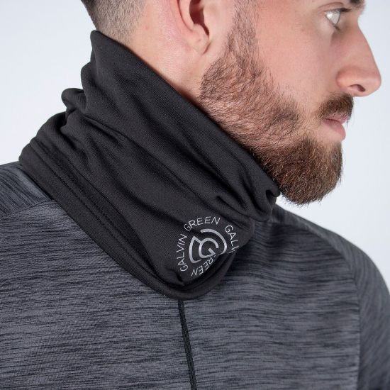 Model wearing Galvin Green Men's Dex Black Golf Snood Side View