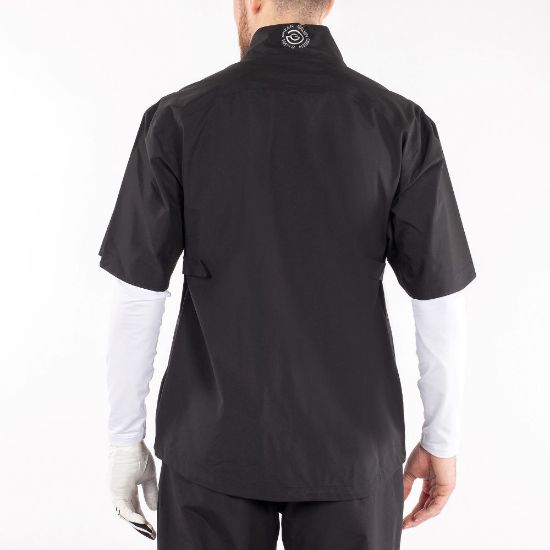 Model wearing Galvin Green Men's Axl GORE-TEX Waterproof Black/Shark Golf Jacket Back View