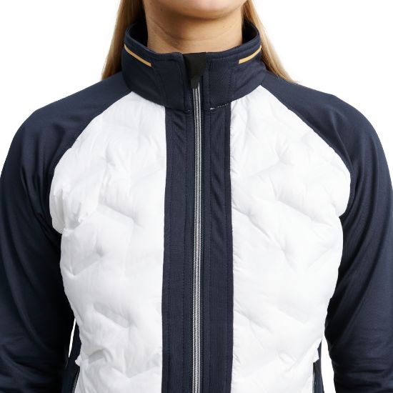 Model wearing Abacus Ladies Grove Hybrid White/Navy Golf Jacket