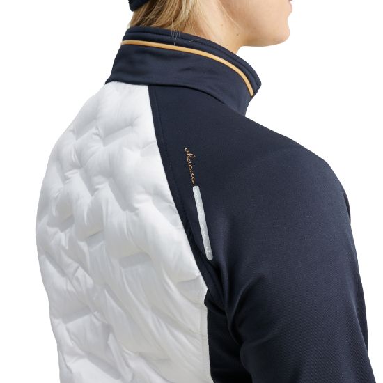 Model wearing Abacus Ladies Grove Hybrid White/Navy Golf Jacket Back Side View