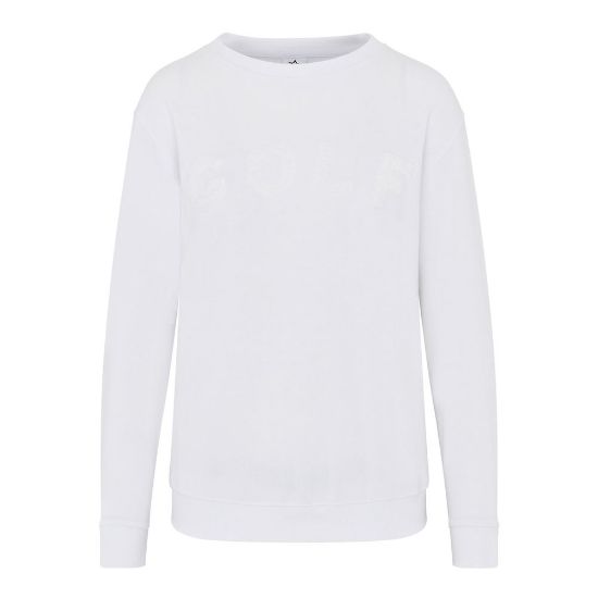 Swing Out Sister Ladies Sustainable White Golf Sweatshirt Front View
