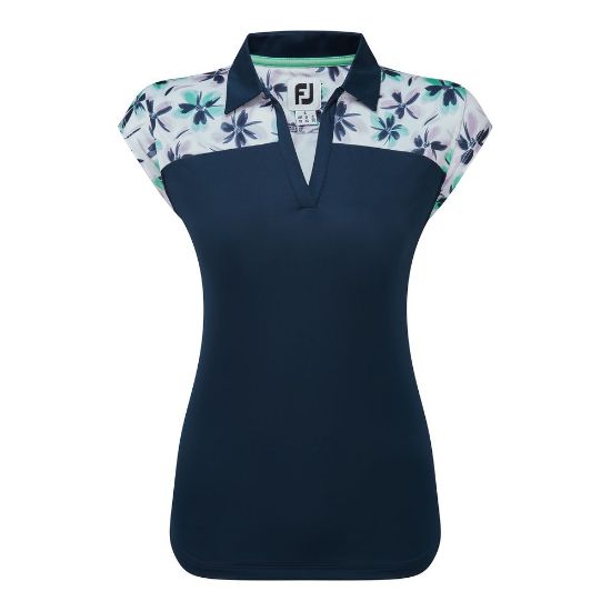 FootJoy Ladies Floral Print Navy Golf Polo Shirt Front View