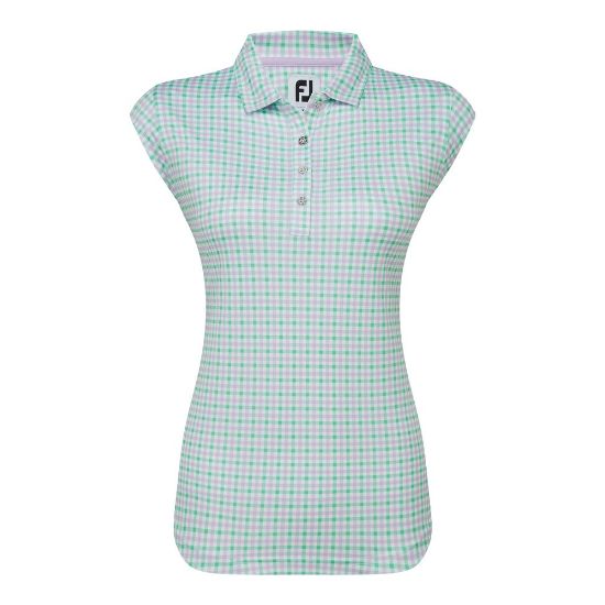 FootJoy Ladies Gingham Print Mint Green Golf Polo Shirt Front View