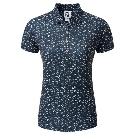 FootJoy Ladies Floral Print Lisle Navy Golf Polo Shirt Front View