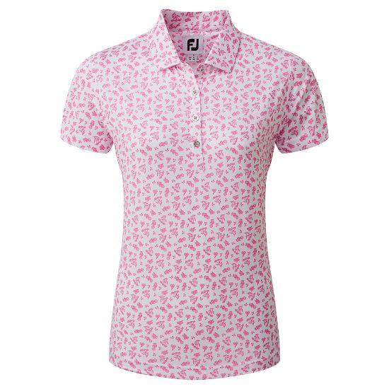 FootJoy Ladies Floral Print Lisle White & Pink Golf Polo Shirt Front View