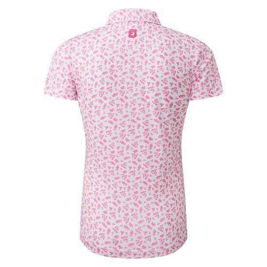 FootJoy Ladies Floral Print Lisle White & Pink Golf Polo Shirt Back View