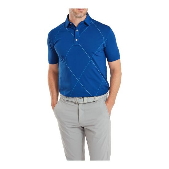 Model wearing FootJoy Men's Raker Print Lisle Deep Blue Golf Polo Shirt