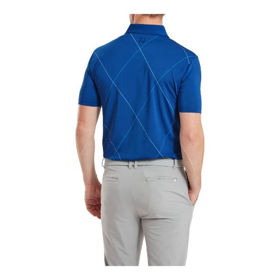 Model wearing FootJoy Men's Raker Print Lisle Deep Blue Golf Polo Shirt Back View