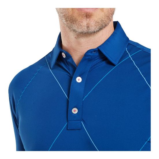 Model wearing FootJoy Men's Raker Print Lisle Deep Blue Golf Polo Shirt Front