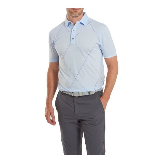 Model wearing FootJoy Men's Raker Print Lisle Mist Golf Polo Shirt
