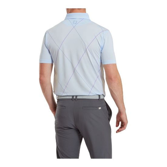 Model wearing FootJoy Men's Raker Print Lisle Mist Golf Polo Shirt Back View