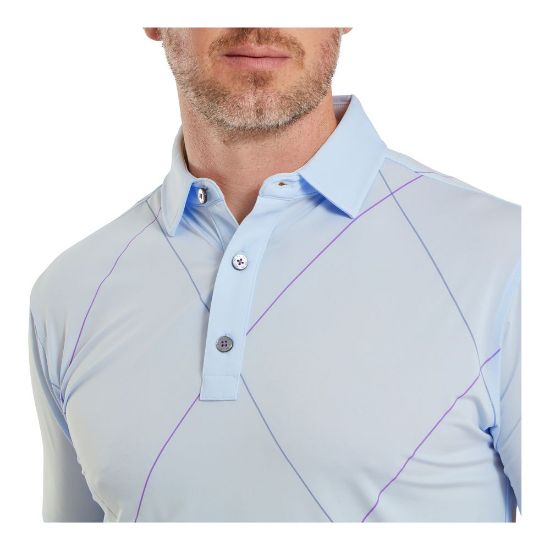 Model wearing FootJoy Men's Raker Print Lisle Mist Golf Polo Shirt Front