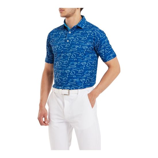Model wearing FootJoy Men's Golf Course Doodle Pique Deep Blue Golf Polo Shirt