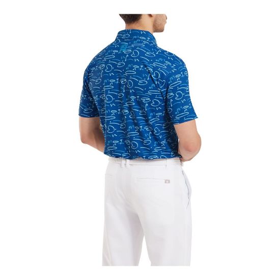 Model wearing FootJoy Men's Golf Course Doodle Pique Deep Blue Golf Polo Shirt Back View