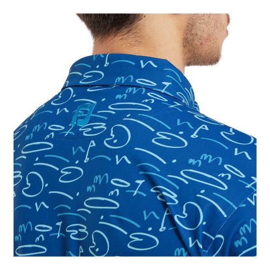 Model wearing FootJoy Men's Golf Course Doodle Pique Deep Blue Golf Polo Shirt Back