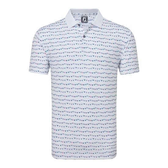FootJoy Men's Flag Banner Print Lisle White Golf Polo Shirt Front View