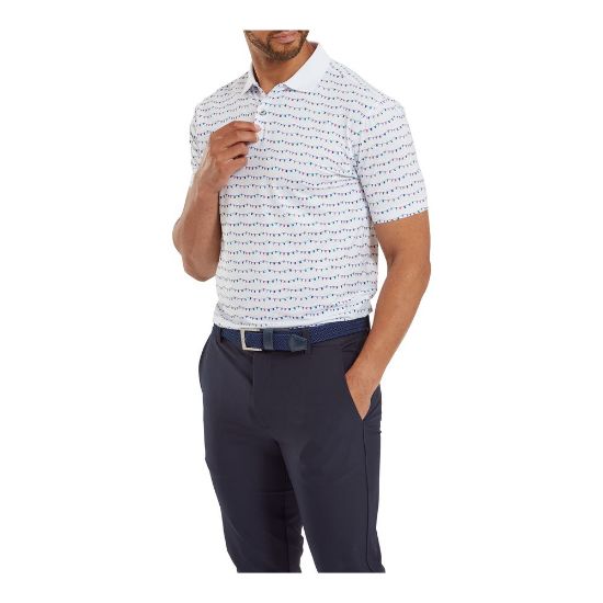 Model wearing FootJoy Men's Flag Banner Print Lisle White Golf Polo Shirt