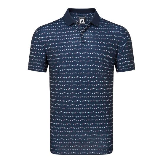 FootJoy Men's Flag Banner Print Lisle Navy Golf Polo Shirt Front View