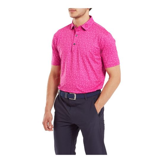 Model wearing FootJoy Men's Painted Floral Lisle Berry Golf Polo Shirt