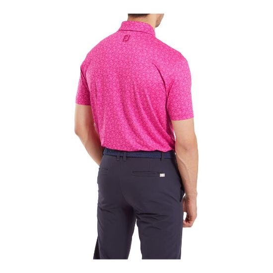 Model wearing FootJoy Men's Painted Floral Lisle Berry Golf Polo Shirt Back View