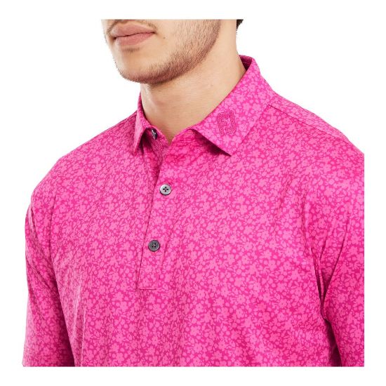 Model wearing FootJoy Men's Painted Floral Lisle Berry Golf Polo Shirt Front
