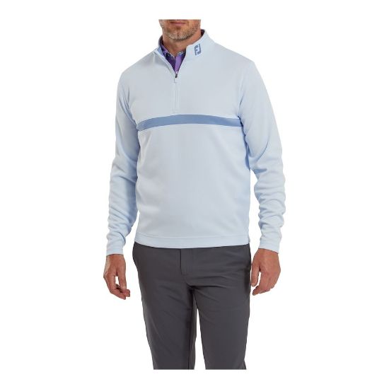Model wearing FootJoy Men's Inset Stripe Chill-Out Mist/Storm Golf Pullover
