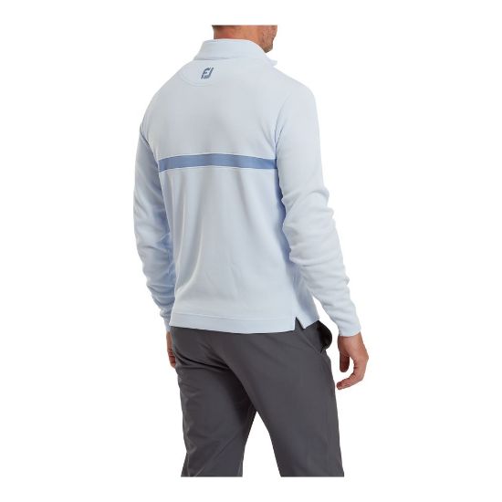 Model wearing FootJoy Men's Inset Stripe Chill-Out Mist/Storm Golf Pullover Back View