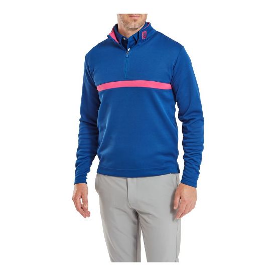 Model wearing FootJoy Men's Inset Stripe Chill-Out Deep Blue/Berry Golf Pullover