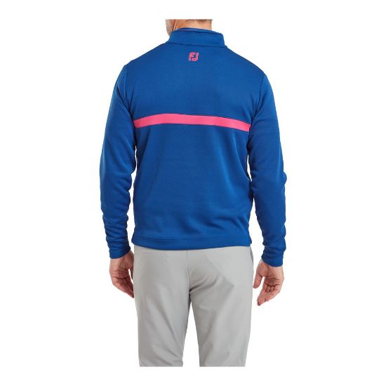Model wearing FootJoy Men's Inset Stripe Chill-Out Deep Blue/Berry Golf Pullover Back View