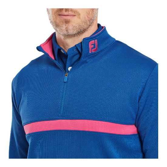 Model wearing FootJoy Men's Inset Stripe Chill-Out Deep Blue/Berry Golf Pullover Front