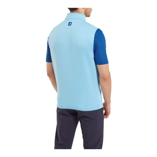 Model wearing FootJoy Men's 1/2 Zip Blue Sky Golf Vest Back View