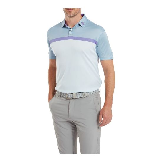 Model wearing FootJoy Men's Colour Block Mist/Storm/Thistle Golf Polo Shirt