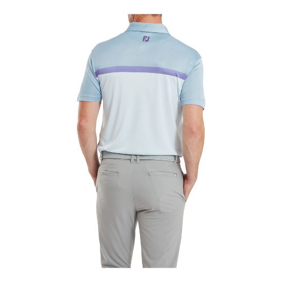 Model wearing FootJoy Men's Colour Block Mist/Storm/Thistle Golf Polo Shirt Back View