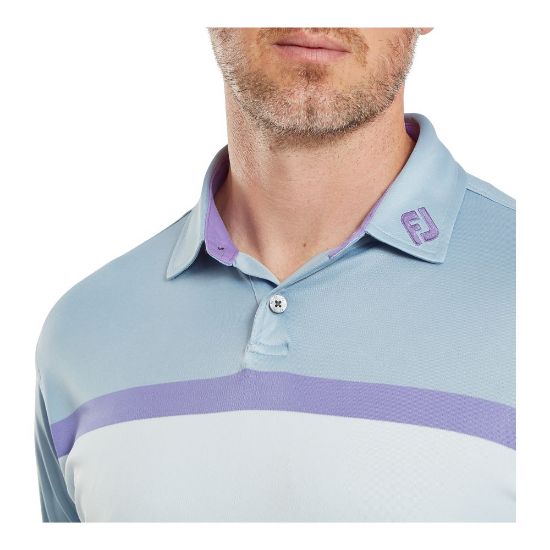 Model wearing FootJoy Men's Colour Block Mist/Storm/Thistle Golf Polo Shirt Front
