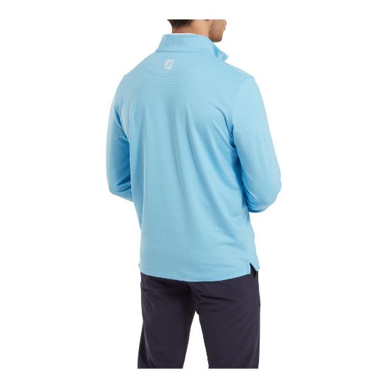 Model wearing FootJoy Men's Glen Plaid Print Chill-Out Blue Sky Golf Pullover Back View