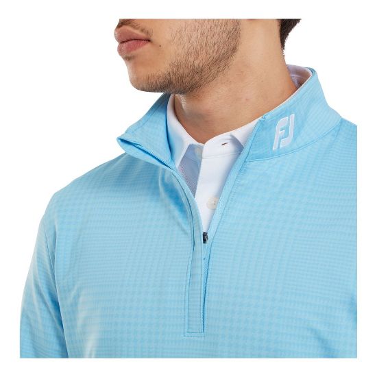 Model wearing FootJoy Men's Glen Plaid Print Chill-Out Blue Sky Golf Pullover Front