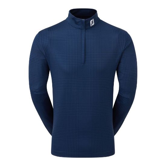 FootJoy Men's Glen Plaid Print Chill-Out Navy Golf Pullover Front View