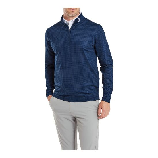 Model wearing FootJoy Men's Glen Plaid Print Chill-Out Navy Golf Pullover