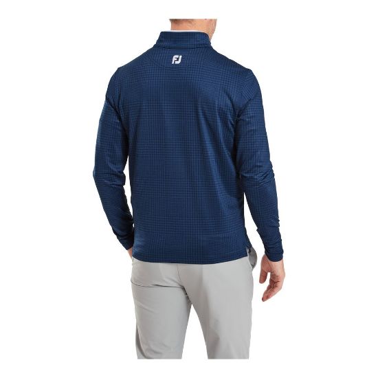 Model wearing FootJoy Men's Glen Plaid Print Chill-Out Navy Golf Pullover Back View