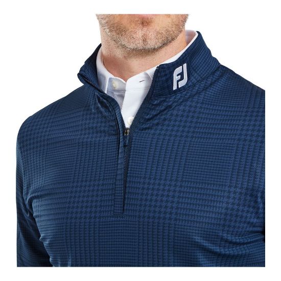 Model wearing FootJoy Men's Glen Plaid Print Chill-Out Navy Golf Pullover Front