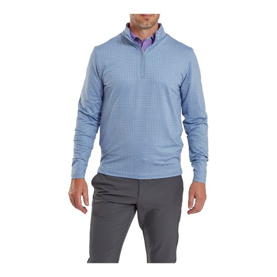 Model wearing FootJoy Men's Glen Plaid Print Chill-Out Storm Golf Pullover