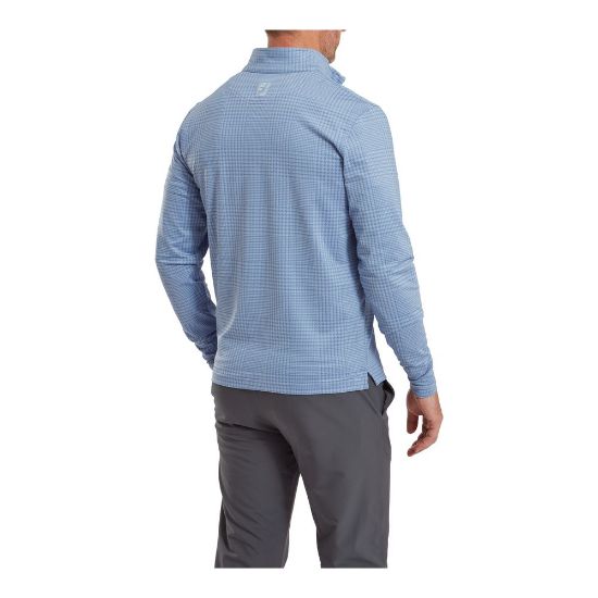 Model wearing FootJoy Men's Glen Plaid Print Chill-Out Storm Golf Pullover Back View