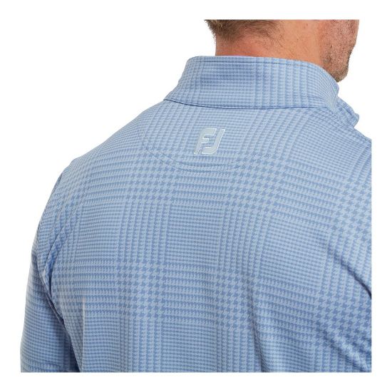 Model wearing FootJoy Men's Glen Plaid Print Chill-Out Storm Golf Pullover Back