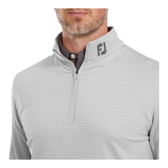 Model wearing FootJoy Men's Glen Plaid Print Chill-Out Grey Golf Pullover Front