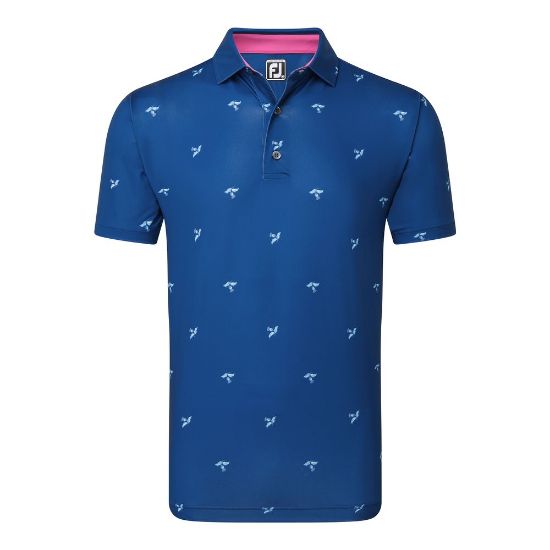 FootJoy Men's Thistle Print Lisle Blue Golf Polo Shirt Front View