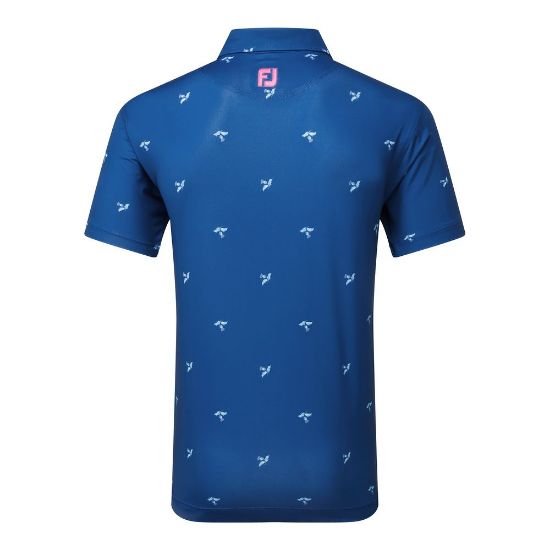 FootJoy Men's Thistle Print Lisle Blue Golf Polo Shirt Back View