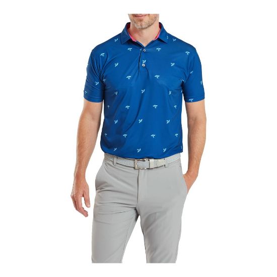 Model wearing FootJoy Men's Thistle Print Lisle Deep Blue Golf Polo Shirt
