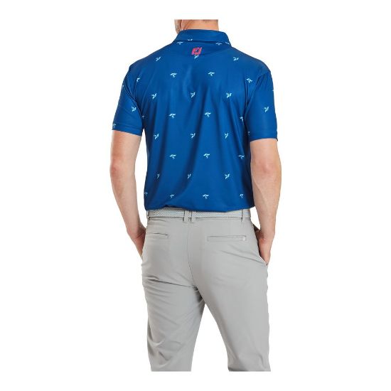 Model wearing FootJoy Men's Thistle Print Lisle Deep Blue Golf Polo Shirt Back View