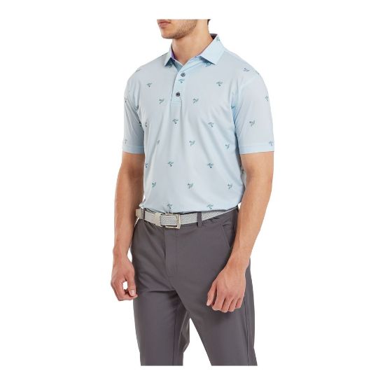 Model wearing  FootJoy Men's Thistle Print Lisle Mist Golf Polo Shirt
