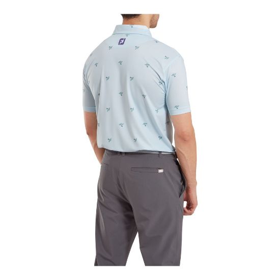 Model wearing  FootJoy Men's Thistle Print Lisle Mist Golf Polo Shirt Back View